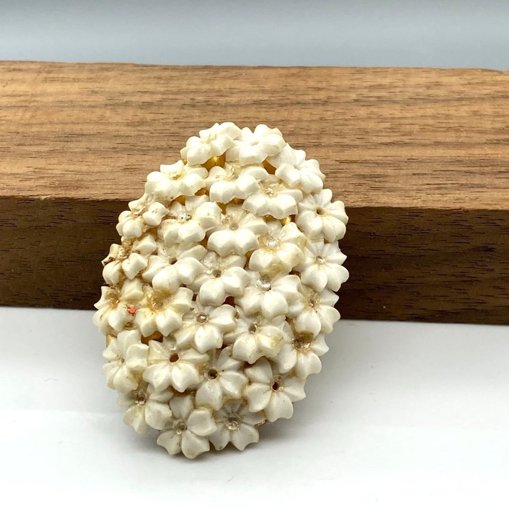 Vintage Carved Celluloid Floral Brooch, White Bridal Flower Bouquet, Romantic
